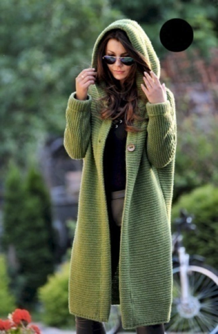Long Hooded Wool Cardigan - Luxurious European Style