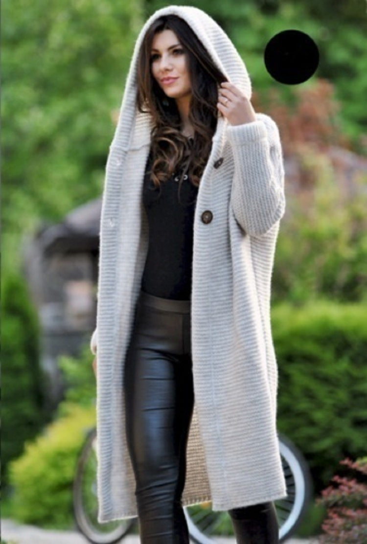 Long Hooded Wool Cardigan - Luxurious European Style