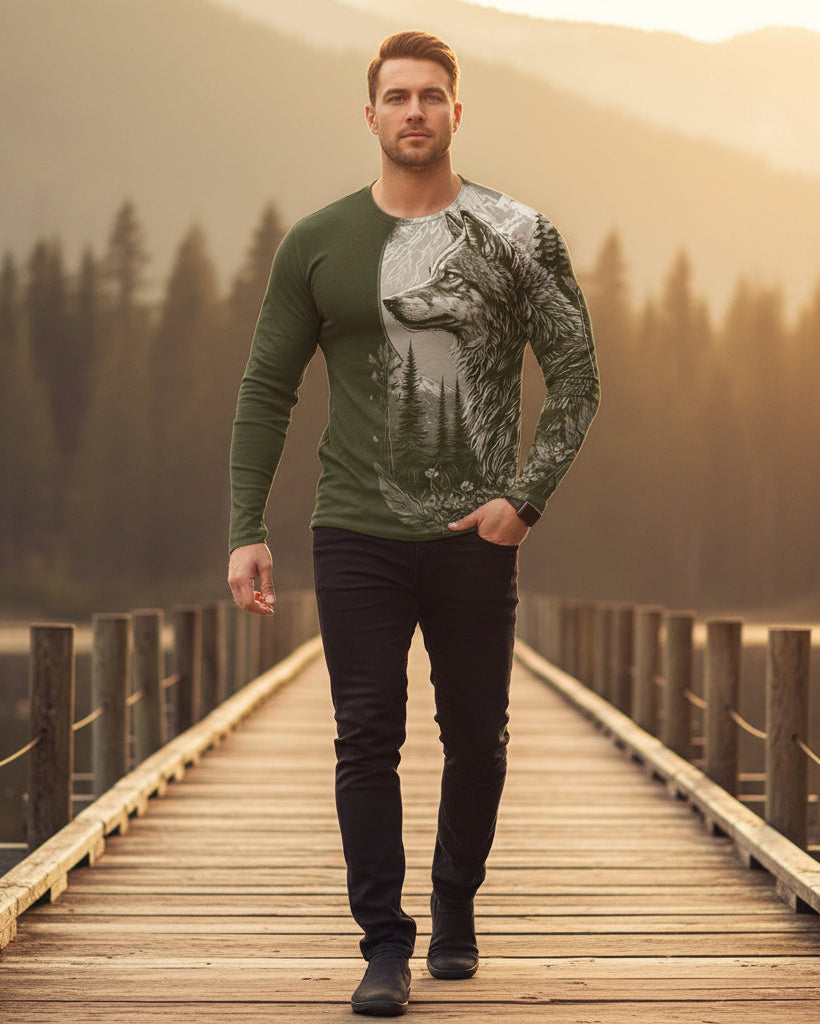 Person wearing a green long-sleeve shirt with a wolf and forest design against a mountainous background.